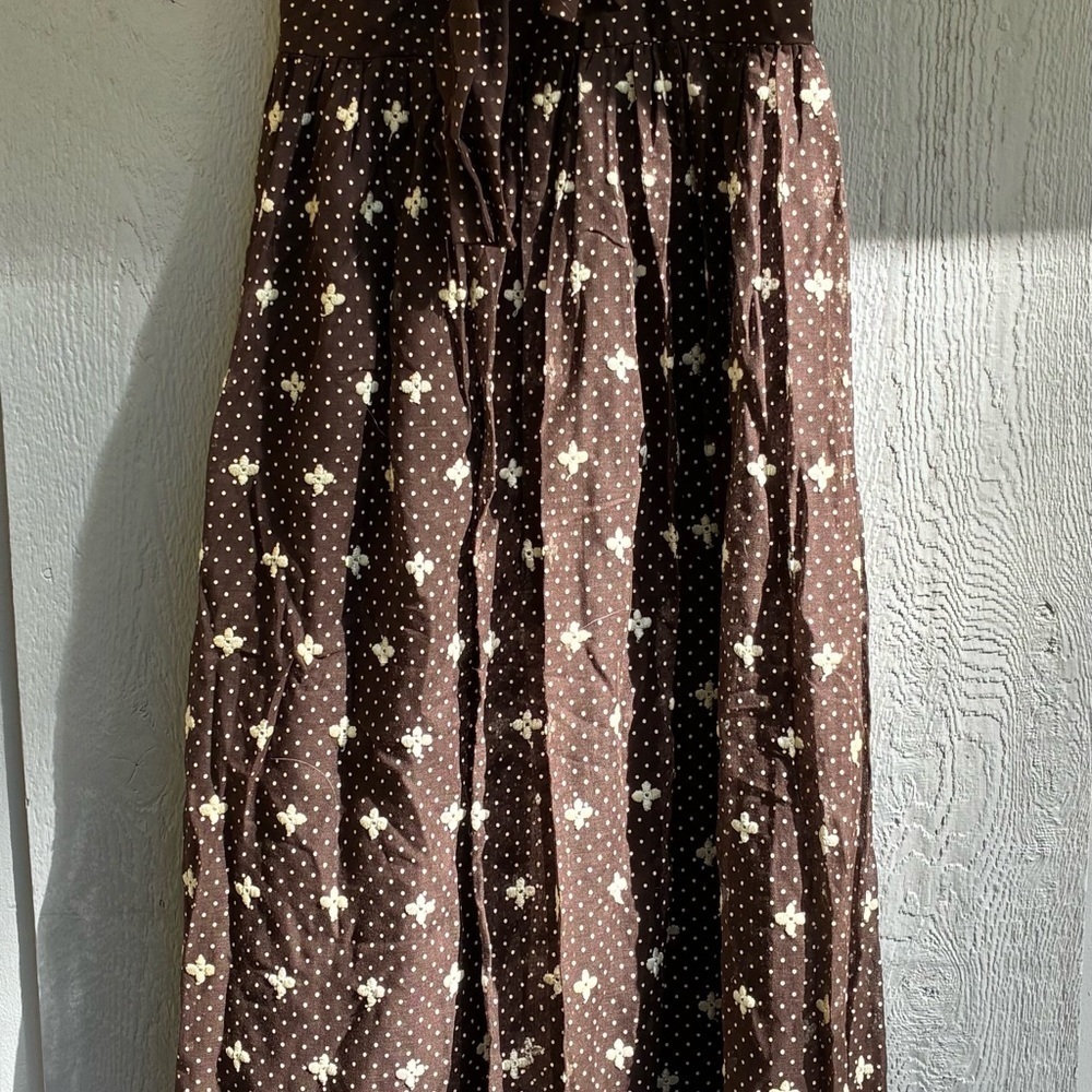 1970s M.G.M. Brown Polka Dot Halter Maxi Dress Prairie Embroidered Hem Sz 10 - Picture 14 of 16